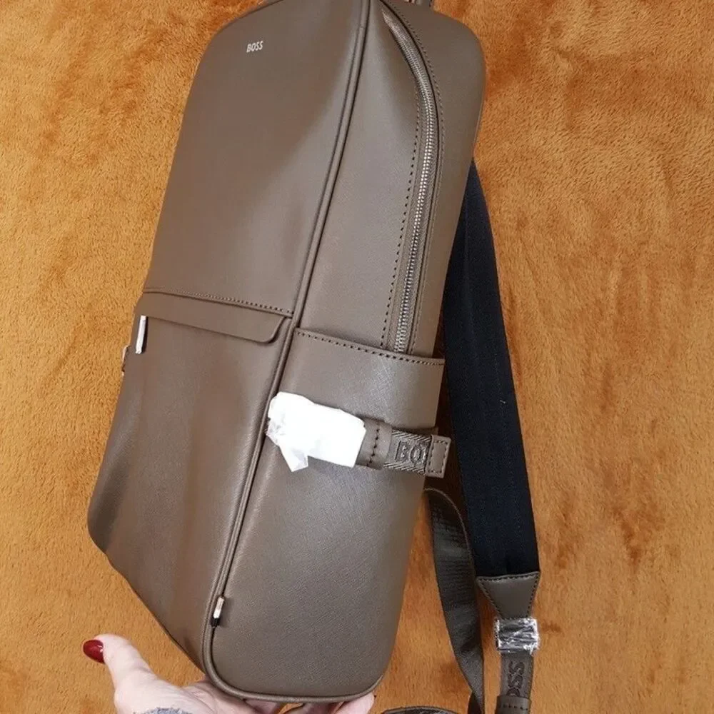 HUGO BOSS Mens Backpack Tan Brown Regenerated Leather ZAIR $299